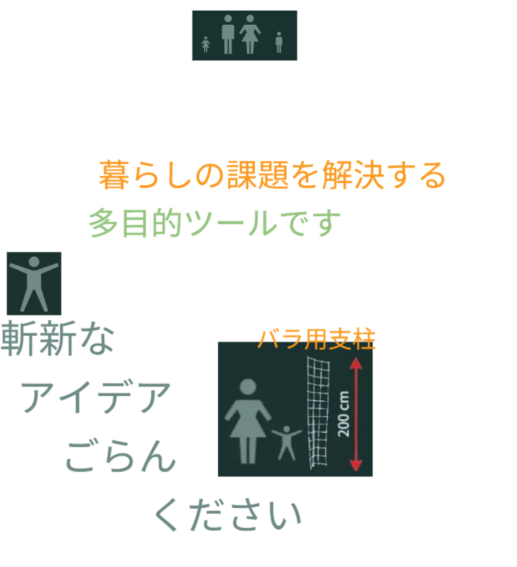 アイデアメッシュのメッセージ画像。「バラ用支柱」は、ガーデニングの枠を超え、暮らしの課題を解決する多目的ツールです。斬新なアイデアをご覧ください。 / Message from Idea Mesh: "Our Rose Trellis is a multi-purpose tool that solves daily living challenges." Please see our innovative ideas beyond gardening.