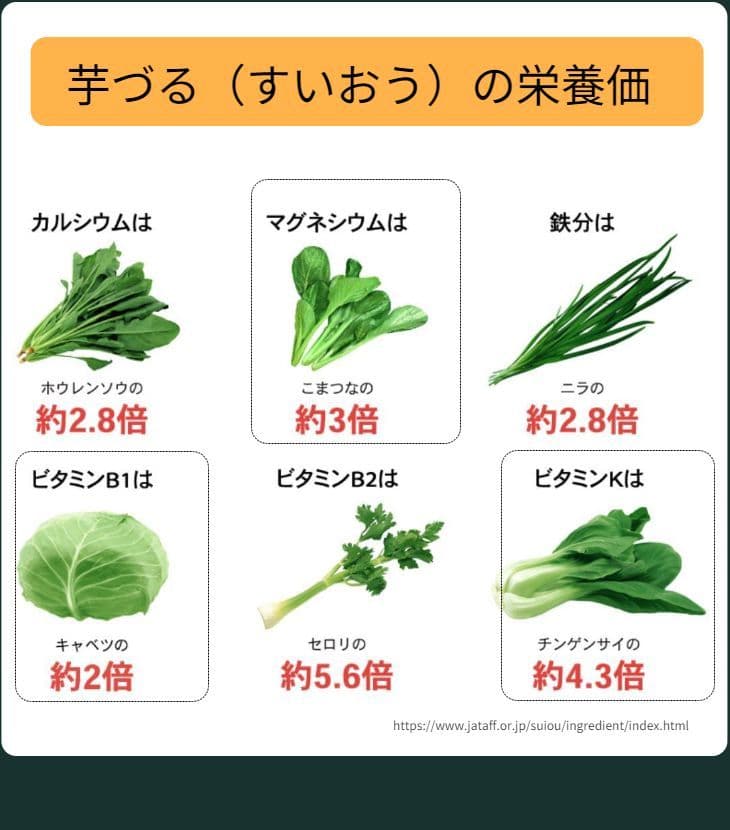芋づる（すいおう）の栄養価比較グラフ。カルシウム・マグネシウム・鉄分などのミネラルや、ビタミン類が豊富に含まれています。すいおうは食べやすく品種改良されたものです。