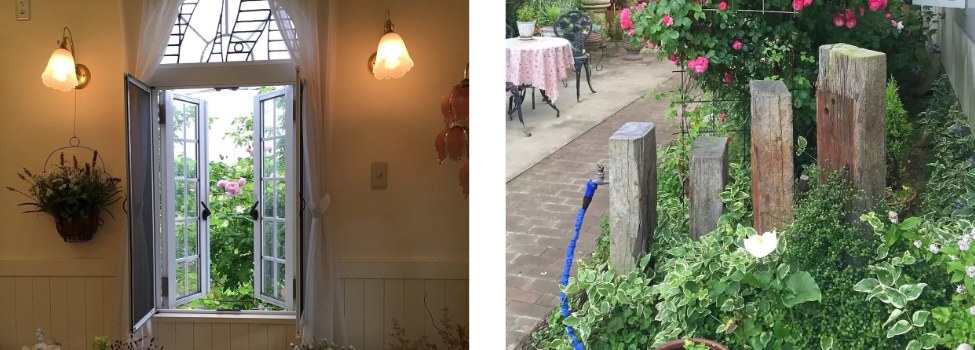 お客様宅の庭の様子 バラ用支柱を設置しバラが咲き誇るガーデン風景