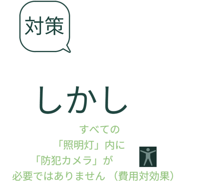 費用の抑制とブラックボックス化（導入）。「バラ用支柱」の照明灯の中にカメラを隠すが、全ての支柱に入れる必要はない（ダミー効果）。費用対効果を高めつつ、犯罪者にリスクを負わせる仕組み。 / Cost reduction and Black Box effect (Intro). Cameras are hidden in lights, but not every unit needs one. A mechanism that improves cost-effectiveness while imposing risk on criminals.