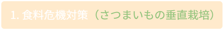 後半パートの第1セクション見出し。「1.食料危機対策（さつまいもの垂直栽培）」。前半のスペック説明とは異なり 、ここからは「人の意識」や「体験」に焦点を当てた解説が始まることを示す。 / Section header for Part B: "1. Food Security Measures (Vertical Sweet Potato Cultivation)." Signals the start of a deeper dive into human experience and awareness, distinct from the technical specifications in Part A.